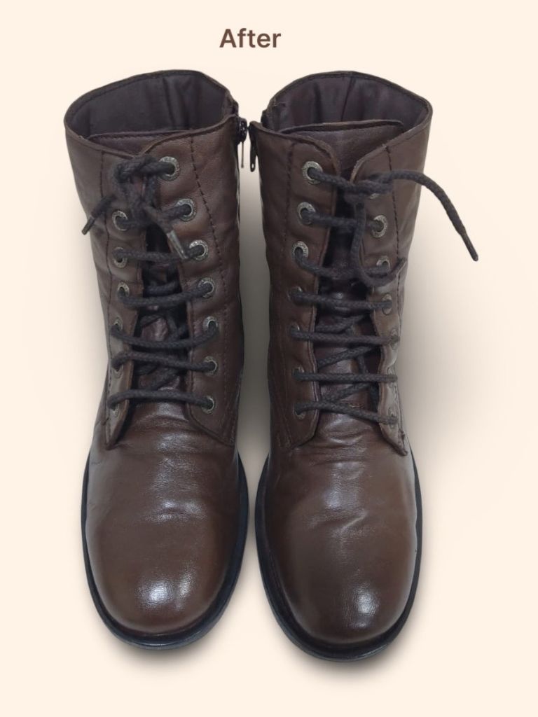 Alberto Torresi leather combat boots after cleaning and color restoration