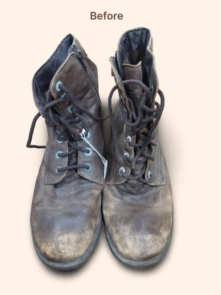 Alberto Torresi leather combat boots before cleaning and color restoration