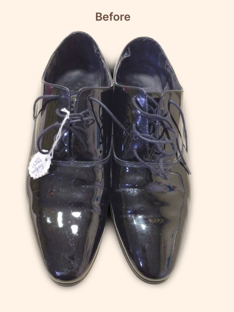ALDO black patent leather oxford shoes before heel repair