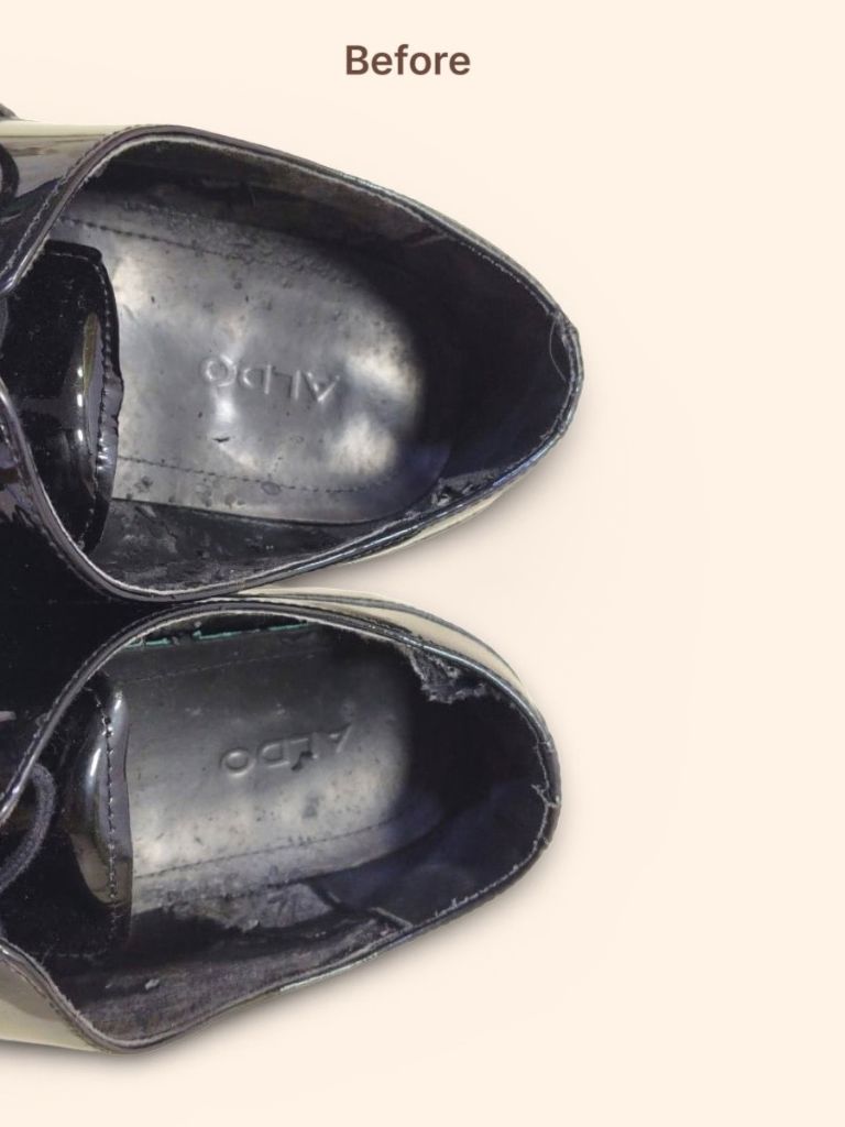 ALDO patent leather oxford shoes interior before repair