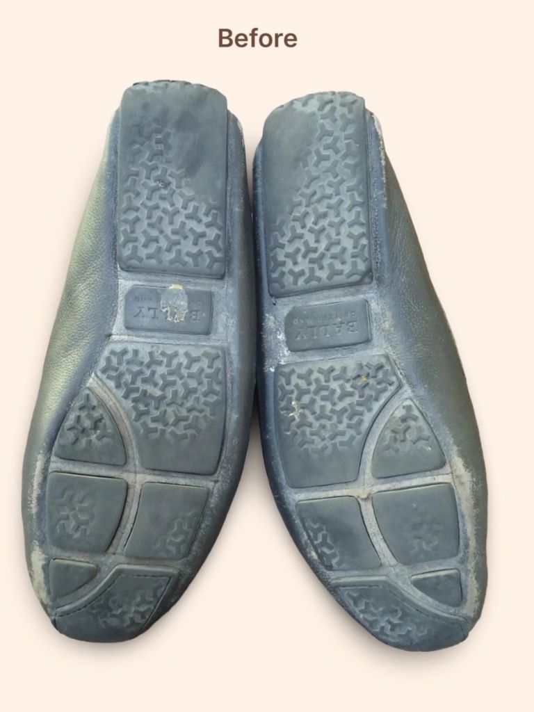 Bally leather loafers soles before cleaning and restoration