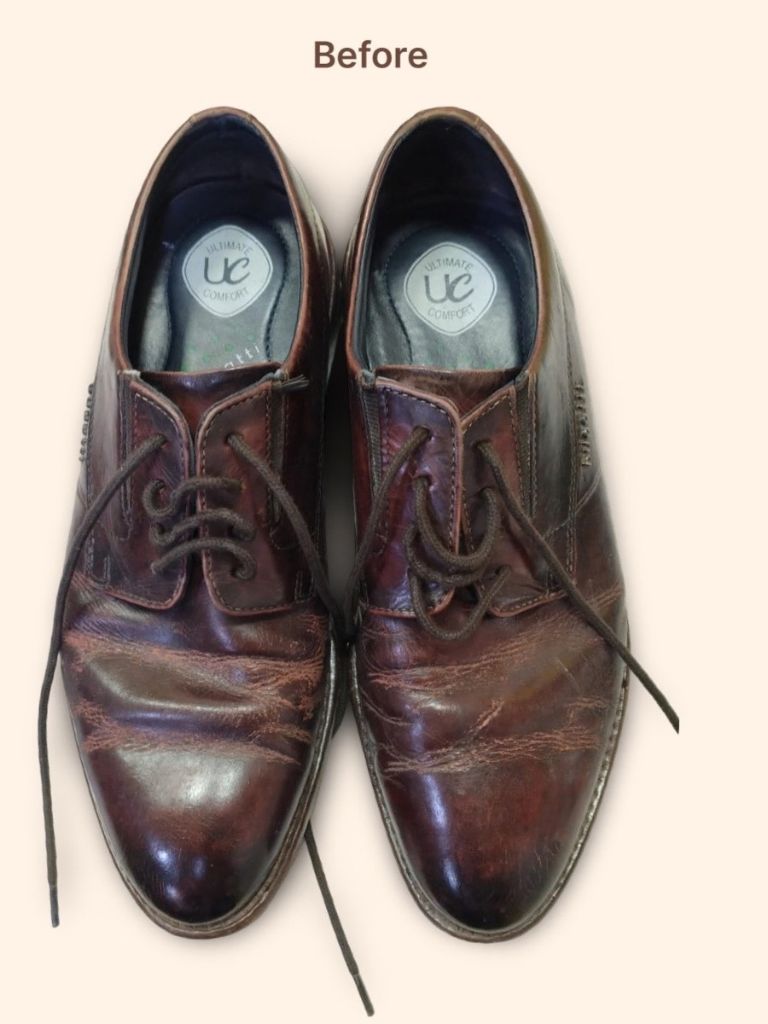 Bugatti dark brown premium leather derby formal shoes before cleaning and color restoration