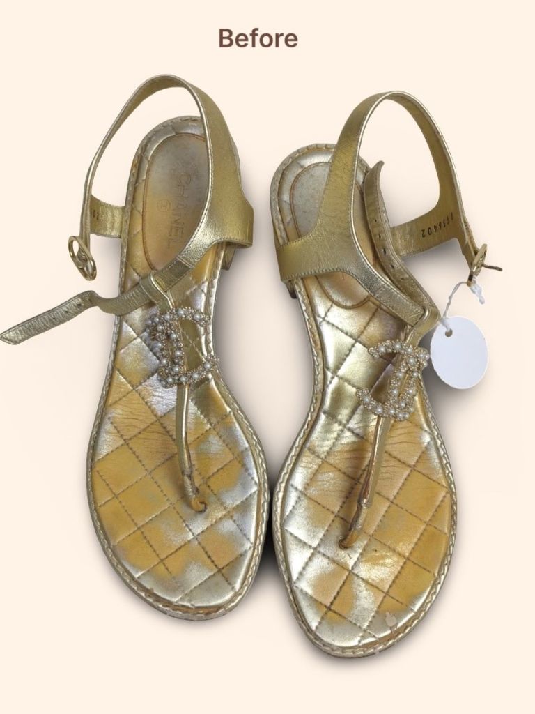 Chanel gold quilted CC pearl thong sandals before cleaning restoration