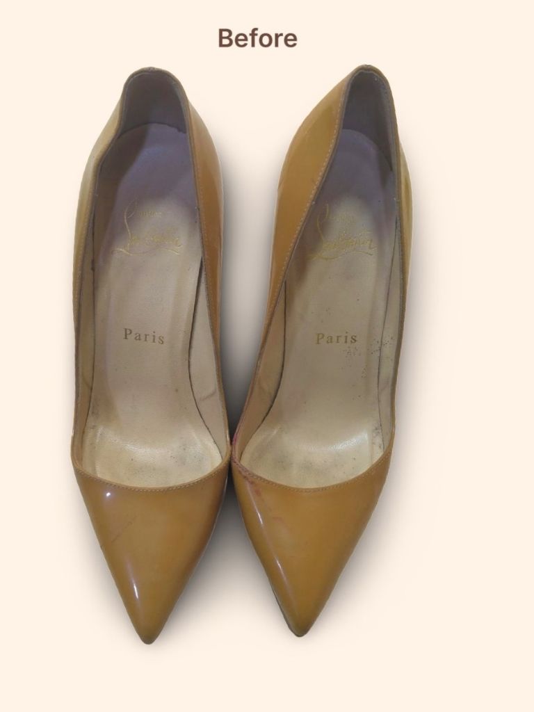 Christian Louboutin beige patent leather pumps before color change
