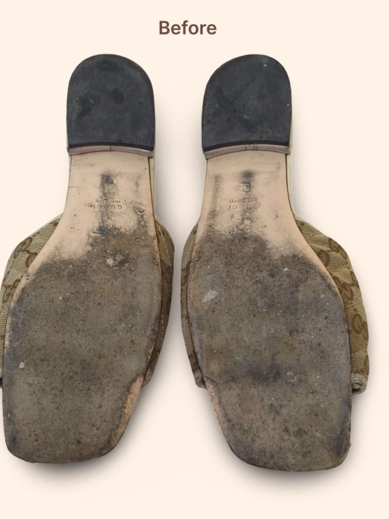 Gucci GG canvas slide sandals worn soles before restoration