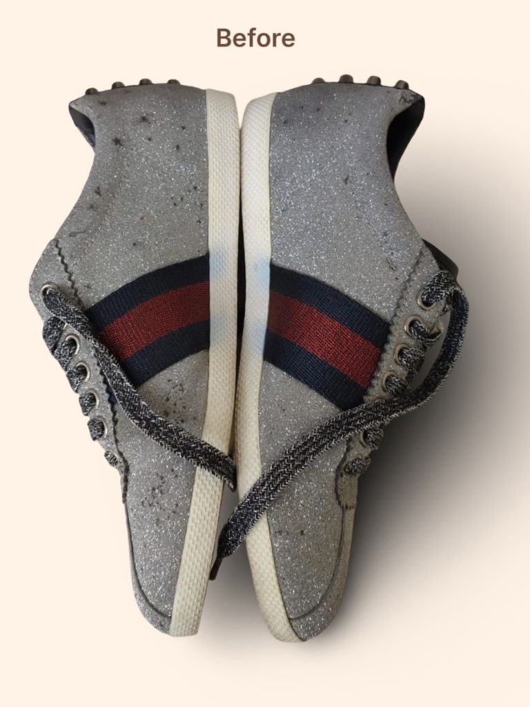 Gucci metallic silver glitter sneakers before cleaning and restoration
