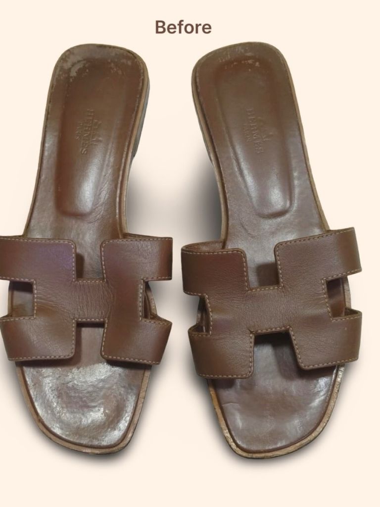 Hermes Oran leather sandals before cleaning and restoration