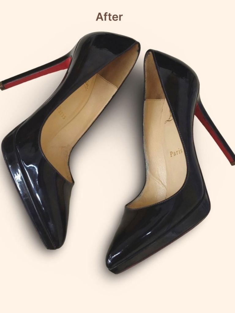 Christian Louboutin black patent leather pumps side view after color change