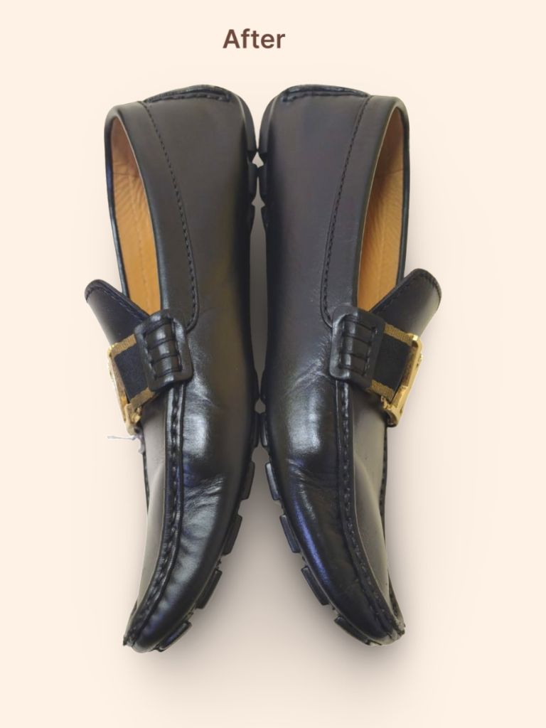 Louis Vuitton leather loafers after cleaning and restoration side view