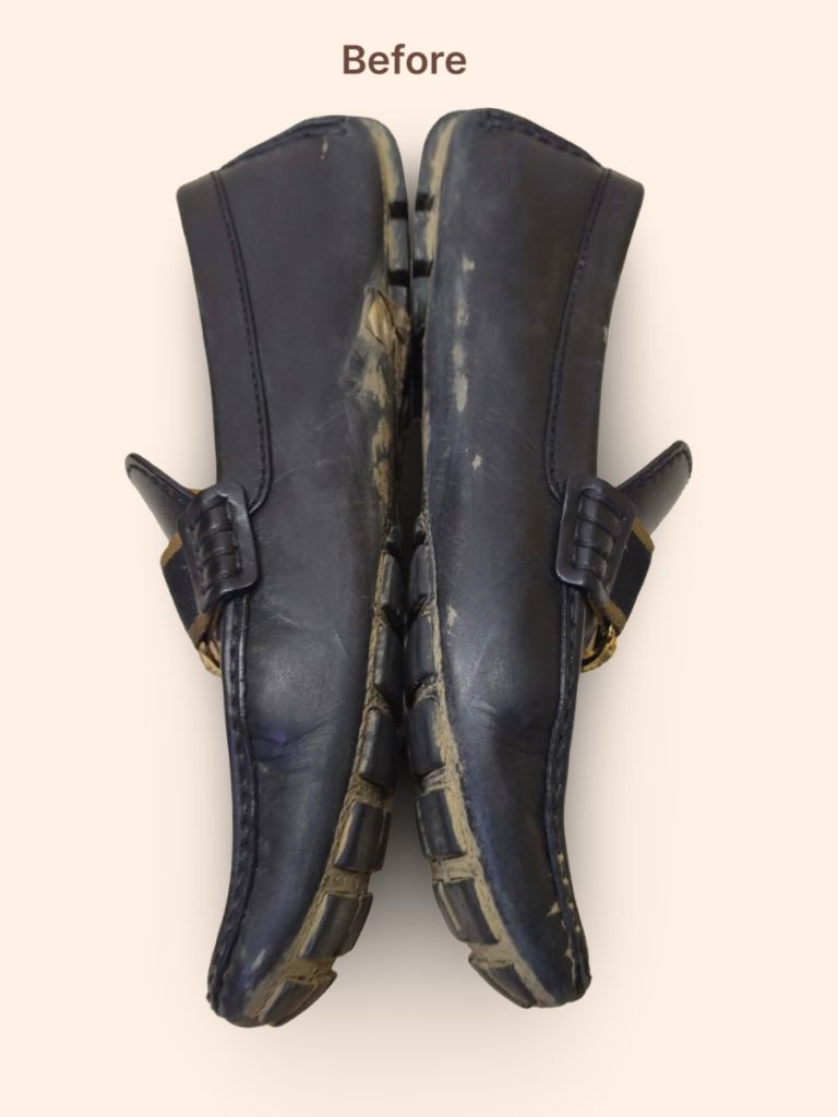 Louis Vuitton leather loafers before cleaning and restoration side view