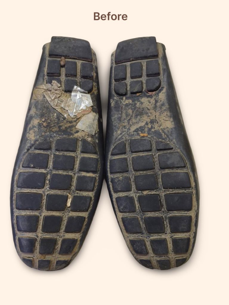 Louis Vuitton leather loafers sole before cleaning and restoration