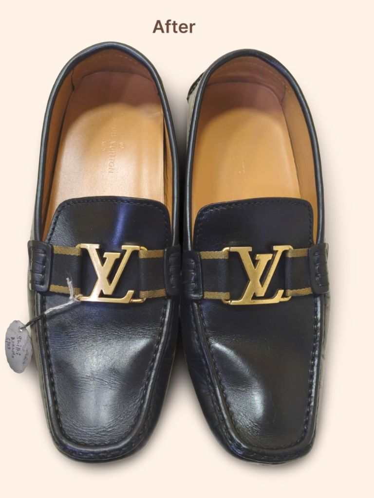 Louis Vuitton Montaigne loafers after cleaning and color restoration