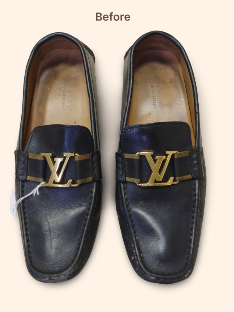 Louis Vuitton Montaigne loafers before cleaning and color restoration