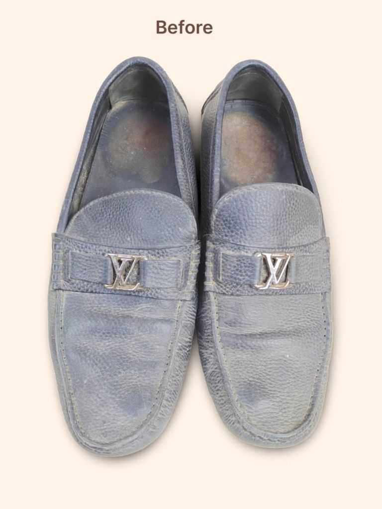 Louis Vuitton Monte Carlo moccasins before cleaning and color restoration