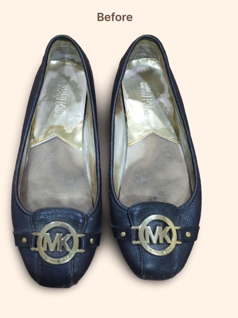 Michael Kors Lillie moccasins before cleaning and restoration