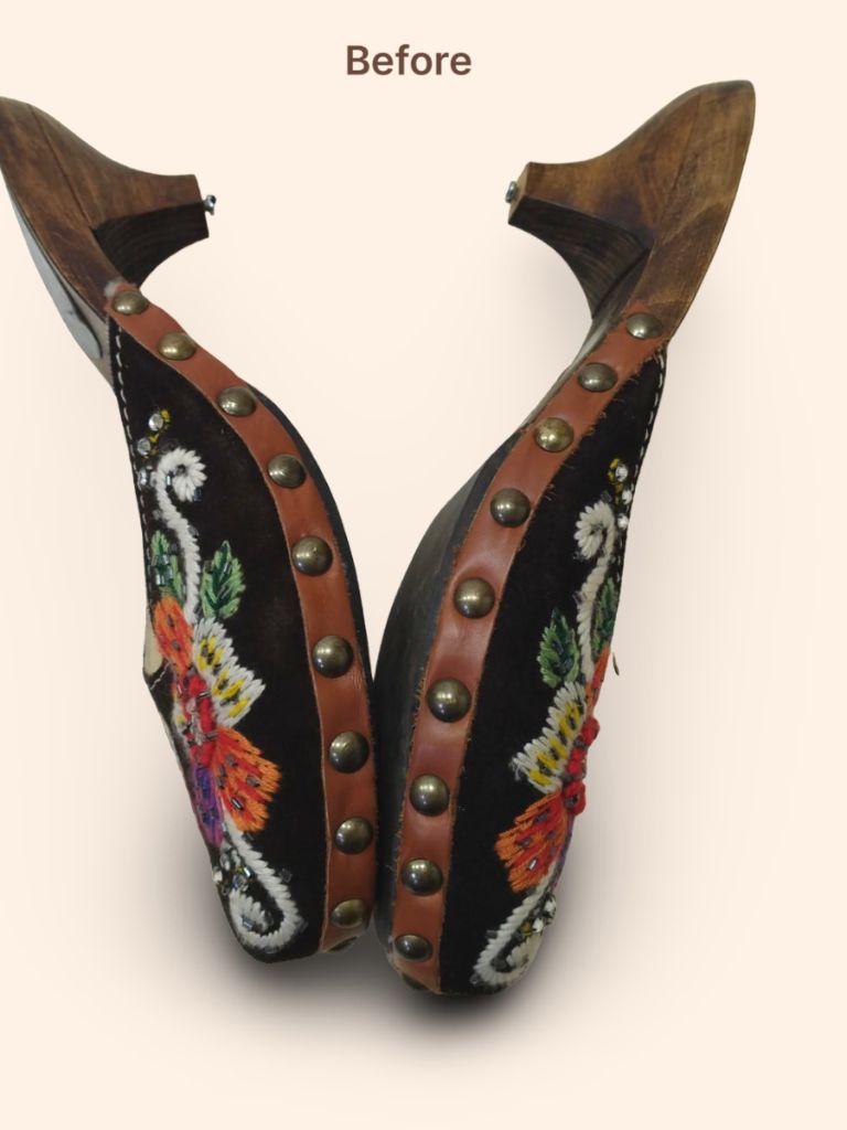 Miu Miu embroidered wooden kitten heel clogs before cleaning and restoration side view