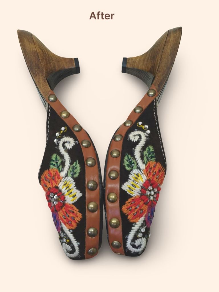 Miu Miu embroidered wooden kitten heel clogs before cleaning and restoration side view