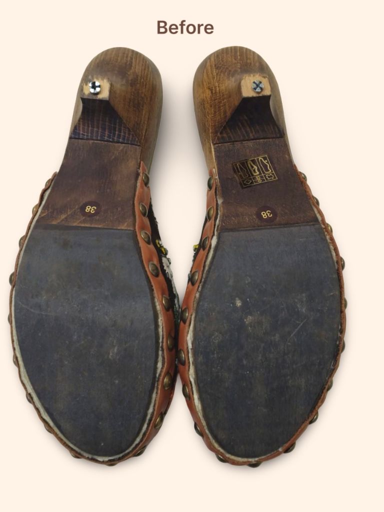 Miu Miu embroidered wooden kitten heel clogs sole before cleaning and restoration