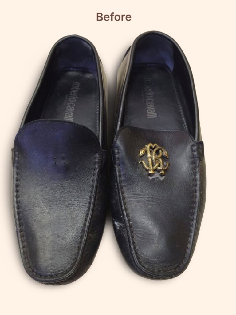 Roberto Cavalli men's leather loafers before cleaning and restoration