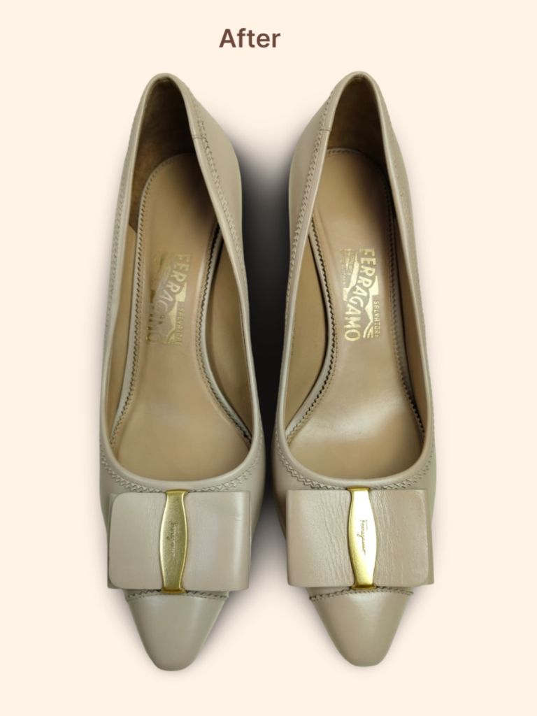 Salvatore Ferragamo Vara Bow pumps after cleaning and color restoration