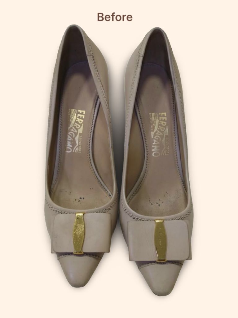Salvatore Ferragamo Vara Bow pumps before cleaning and color restoration