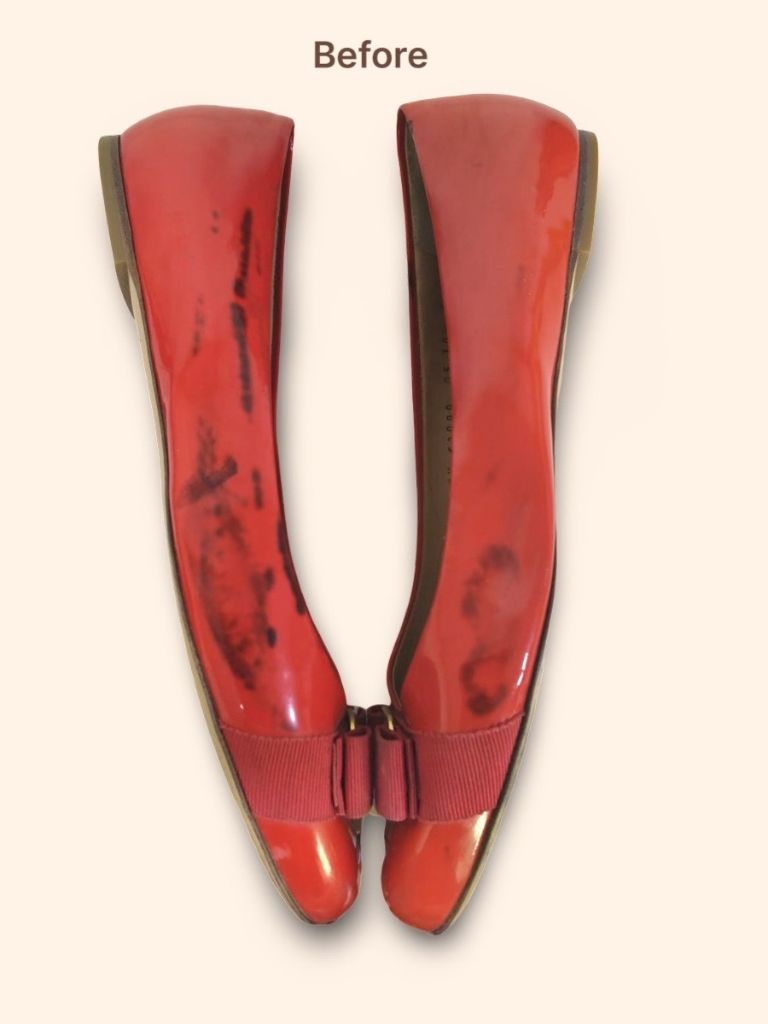 Salvatore Ferragamo Varina patent leather ballet flats before color change side view