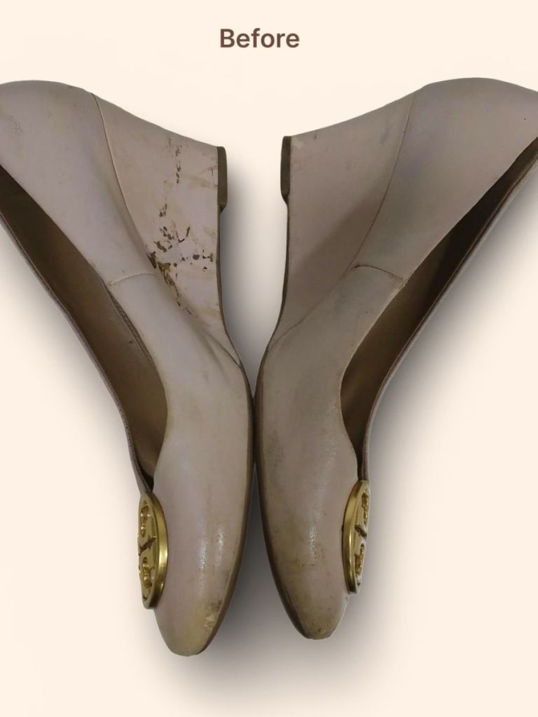 Tory Burch Chelsea pumps before cleaning and color restoration