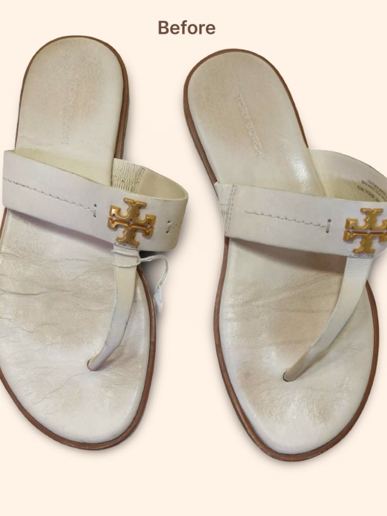 Tory Burch Mini Everly flat thong sandal before cleaning and restoration