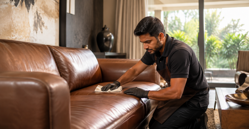 Leather sofa cleaning service in Vasant Vihar Delhi luxury home