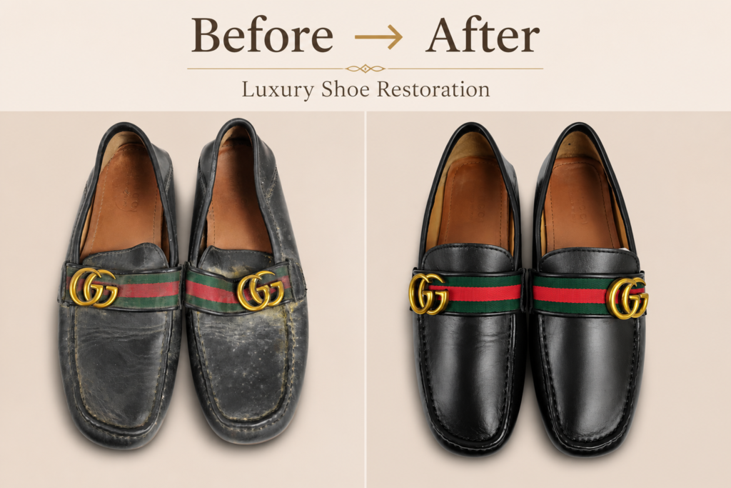 Before and after leather shoe restoration in Greater Kailash Delhi