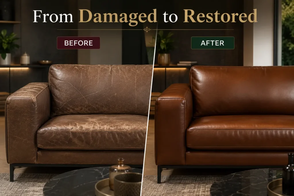 Before and after leather sofa repair in Defence Colony Delhi